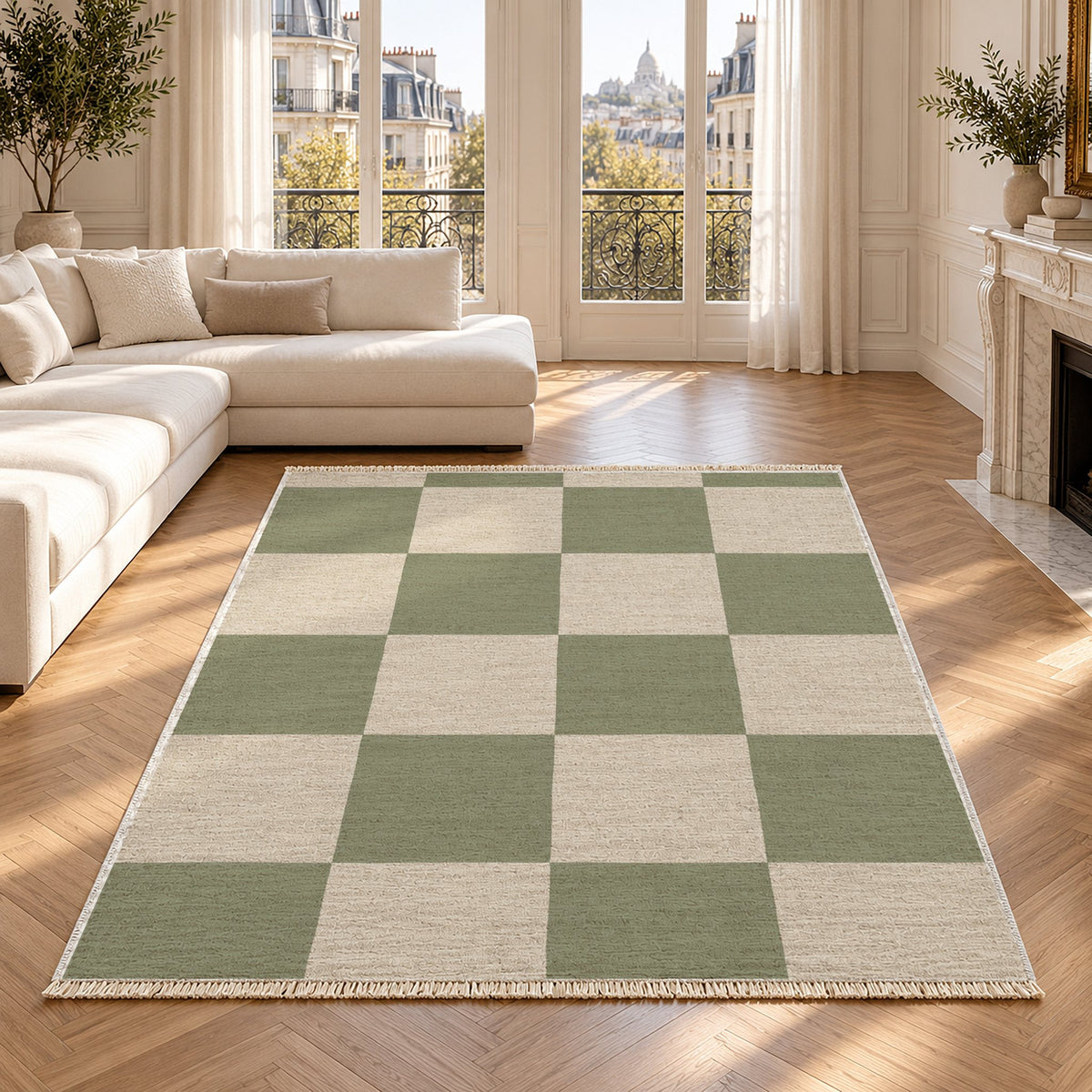 Soft Checker Ivory & Sage washable rug in a Paris living room