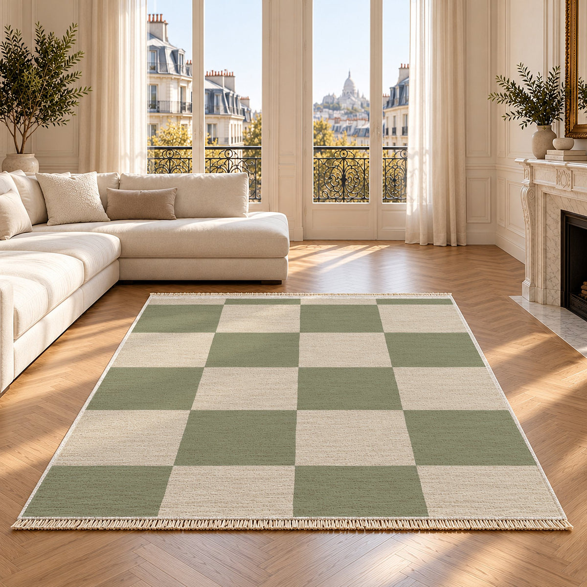 Soft Checker Ivory & Sage washable rug on an oak floor