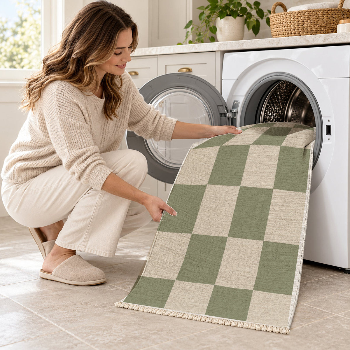 Soft Checker Ivory & Sage washable rug being loaded into a washing machine