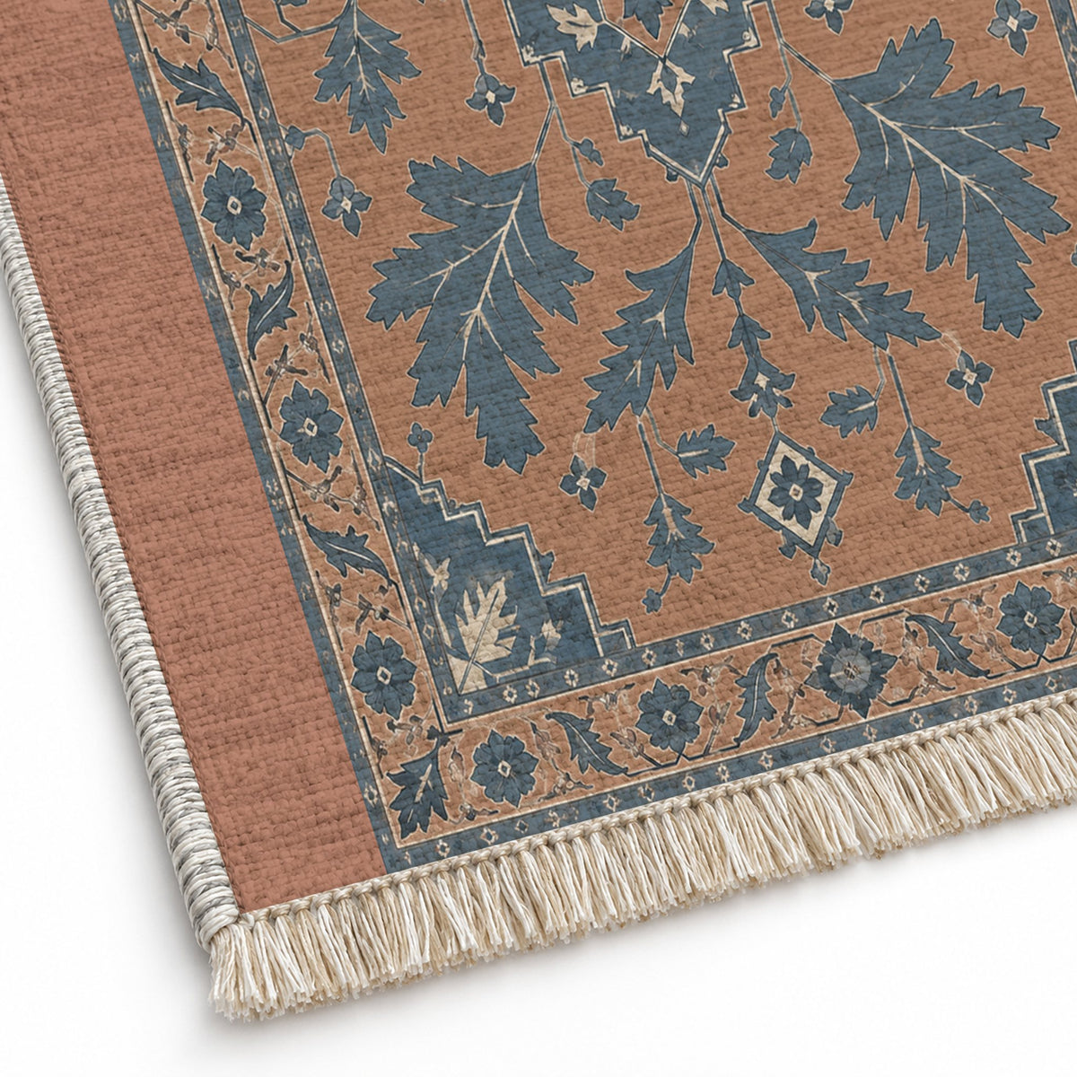 Soft Heriz Clay & Denim washable rug close-up of the printed chenille