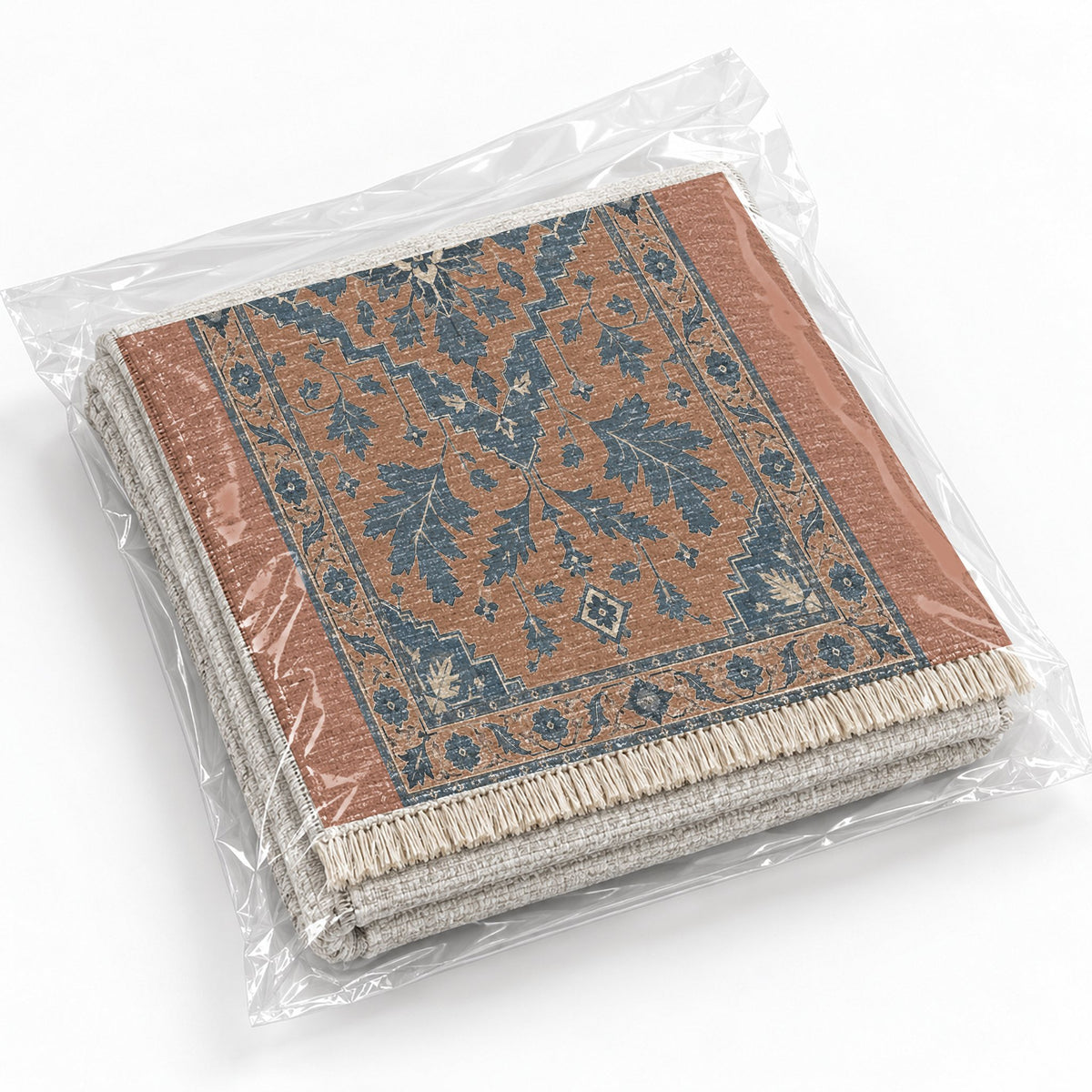 Soft Heriz Clay & Denim washable rug rolled and packaged