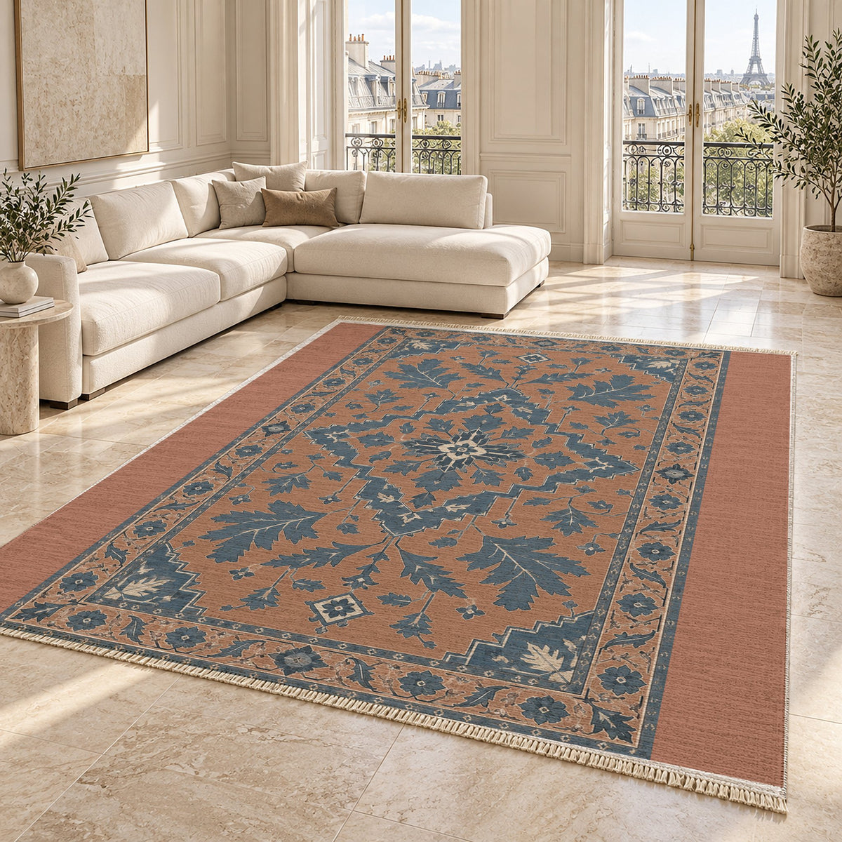Soft Heriz Clay & Denim washable rug angled room view on marble