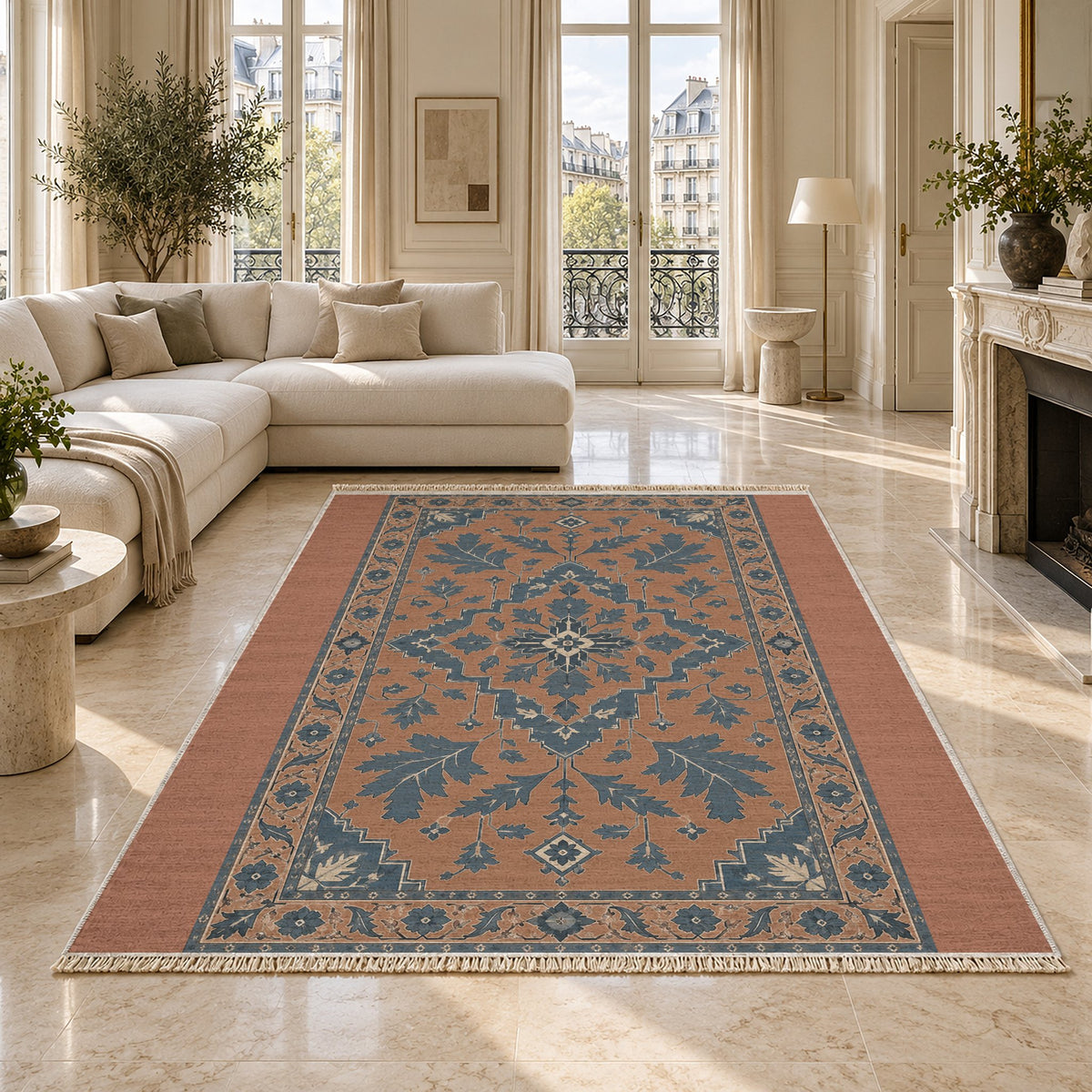 Soft Heriz Clay & Denim washable rug on a marble floor