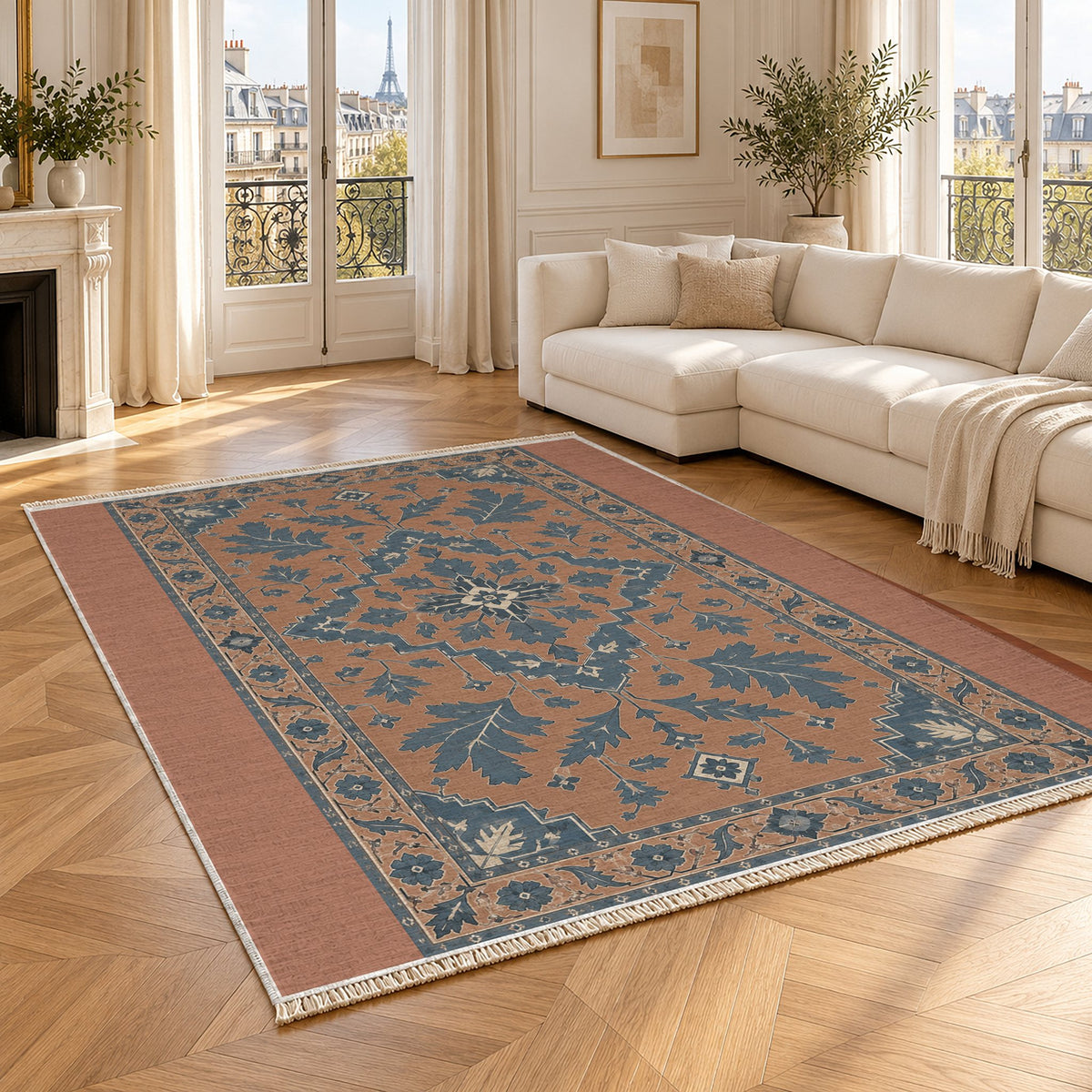 Soft Heriz Clay & Denim washable rug angled room view