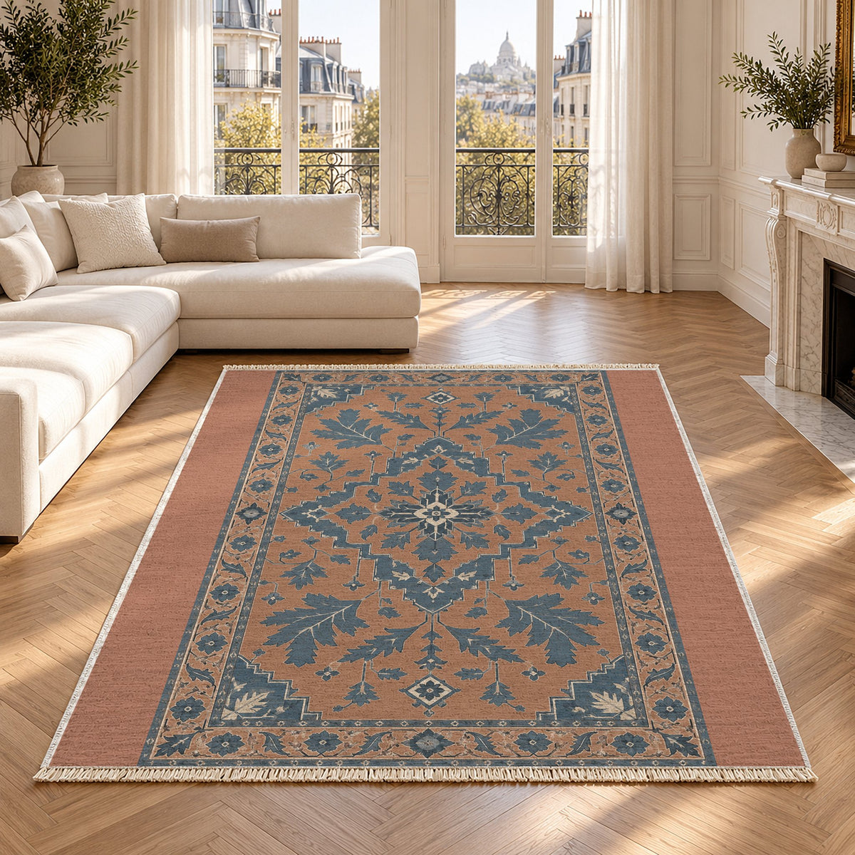 Soft Heriz Clay & Denim washable rug in a Paris living room