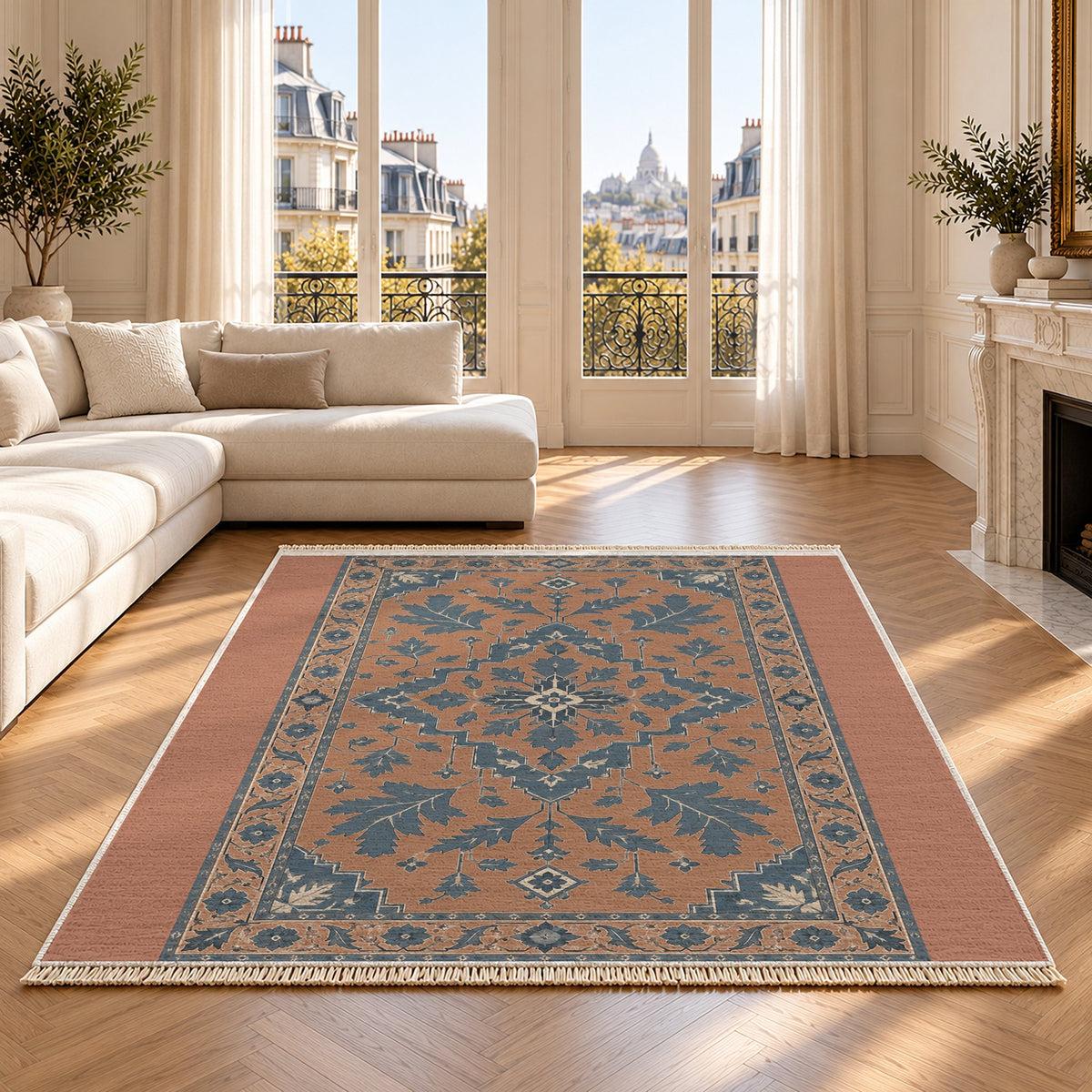 Soft Heriz Clay & Denim washable rug on an oak floor