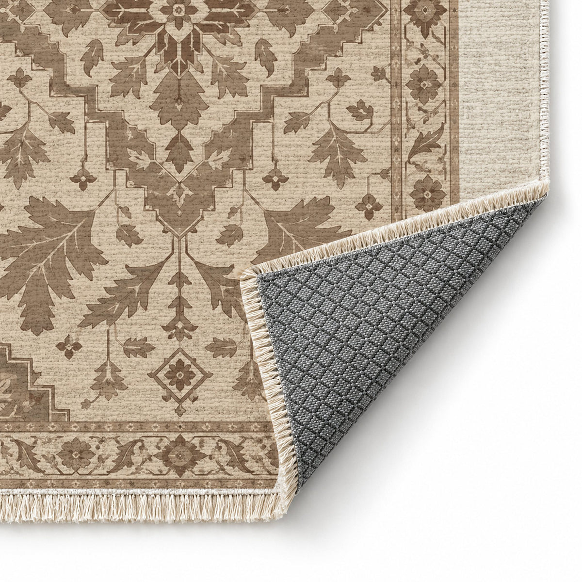 Soft Heriz Ivory & Taupe washable rug folded corner showing the backing