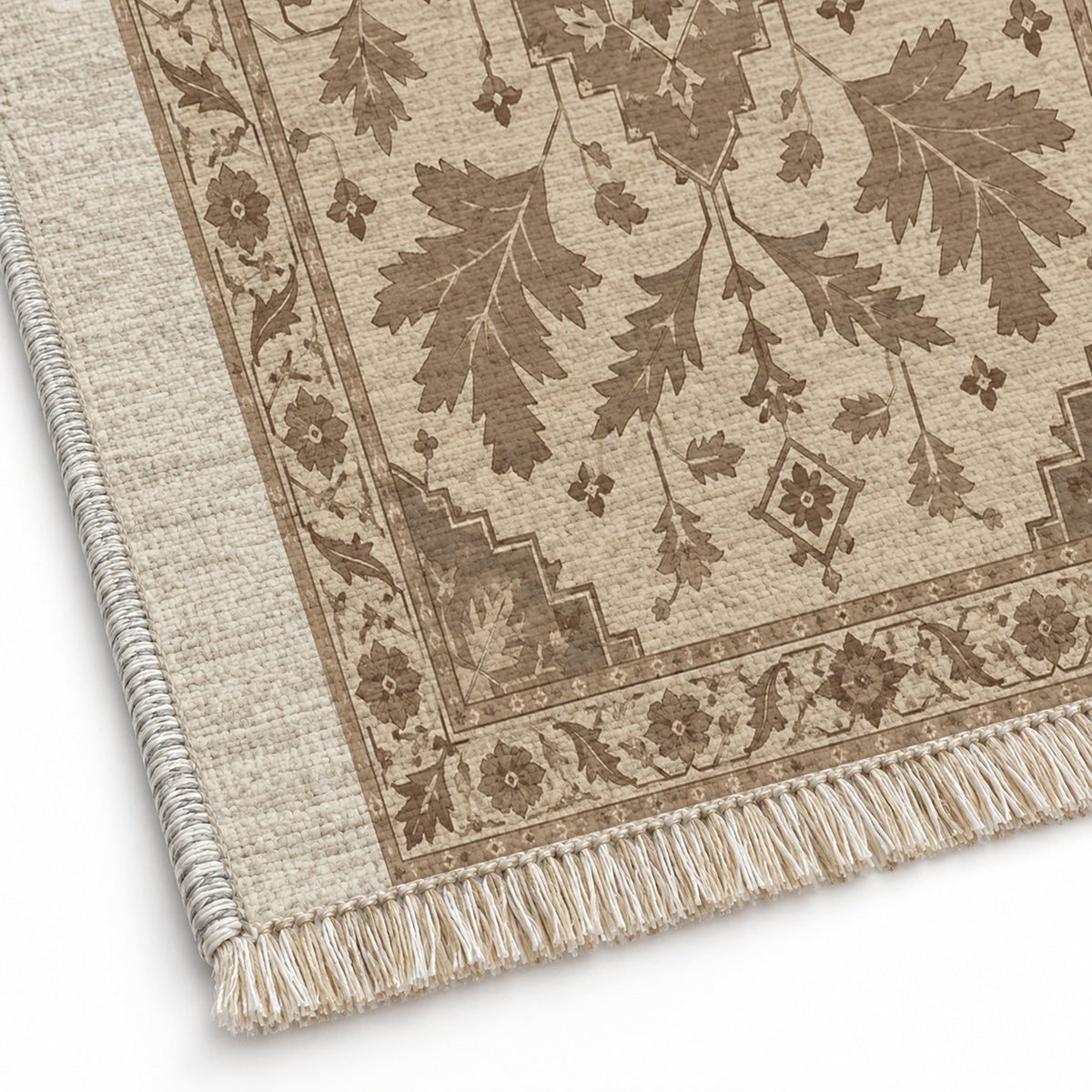 Soft Heriz Ivory & Taupe washable rug close-up of the printed chenille