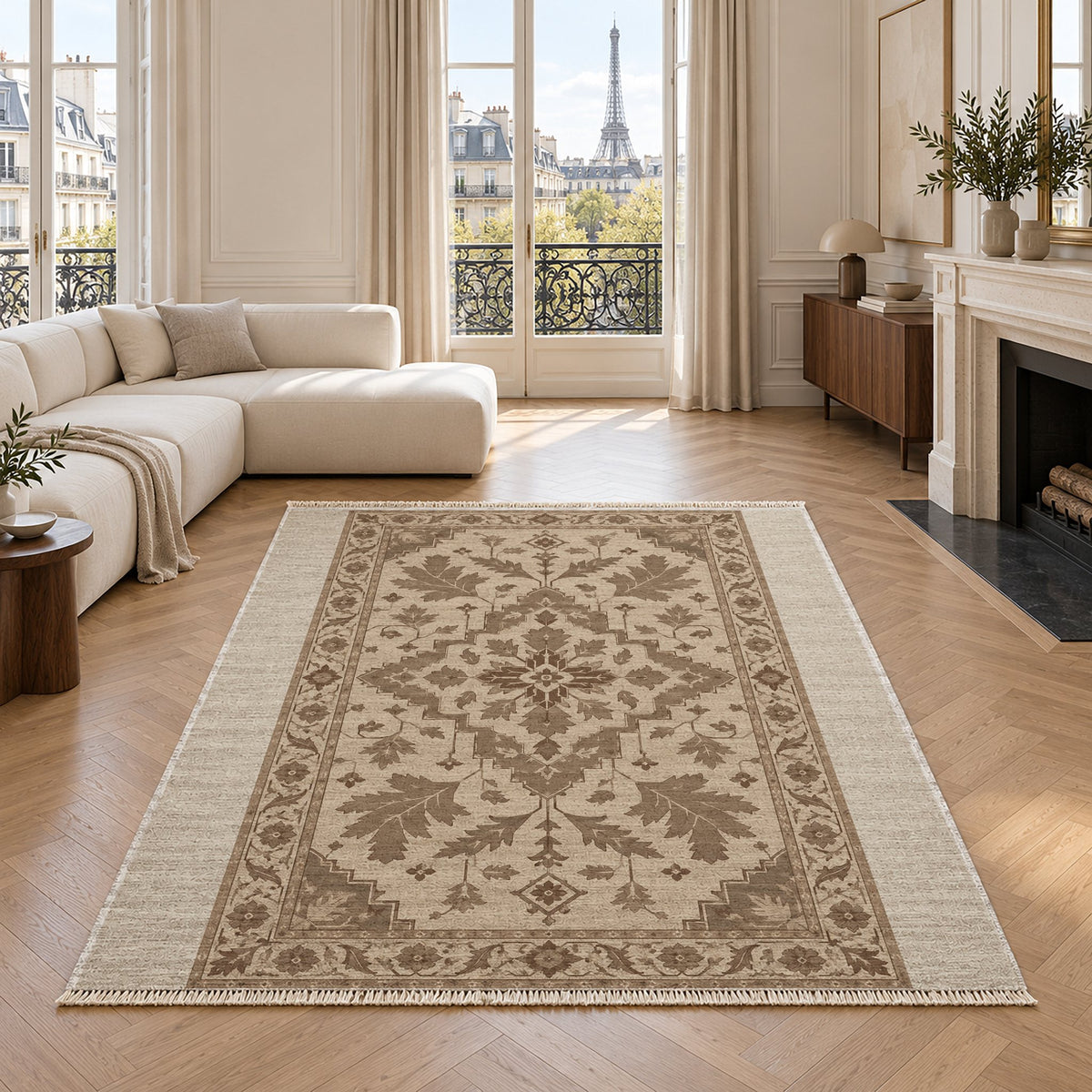 Soft Heriz Ivory & Taupe washable rug in a living room with an Eiffel Tower view