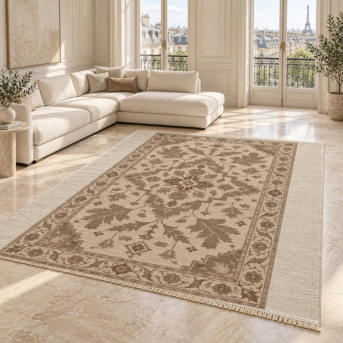 Soft Heriz Ivory & Taupe washable rug angled room view on marble
