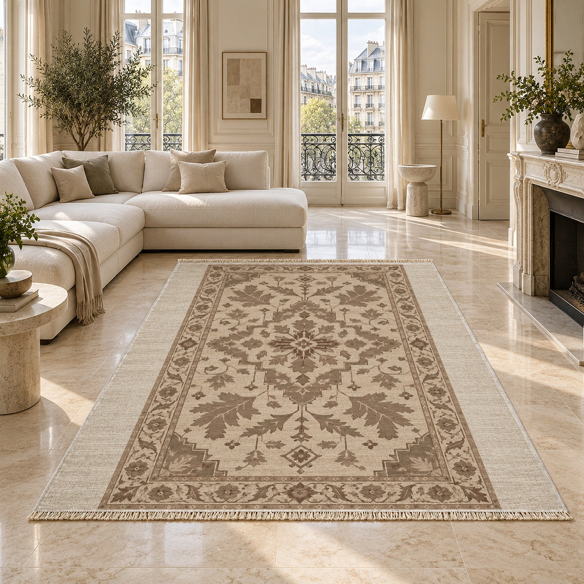 Soft Heriz Ivory & Taupe washable rug on a marble floor