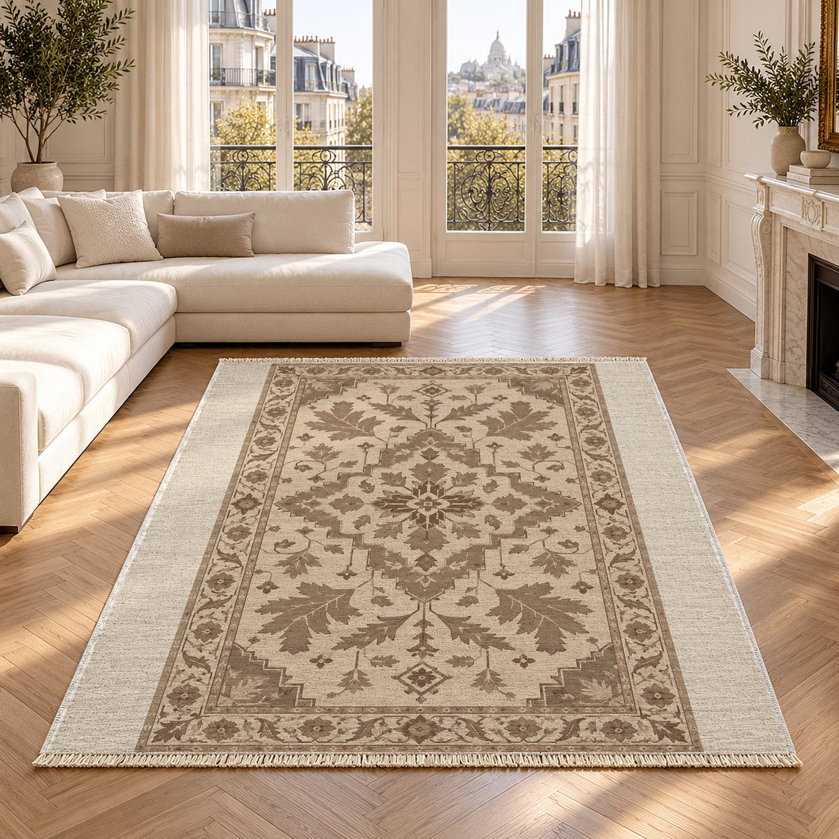 Soft Heriz Ivory & Taupe washable rug in a Paris living room