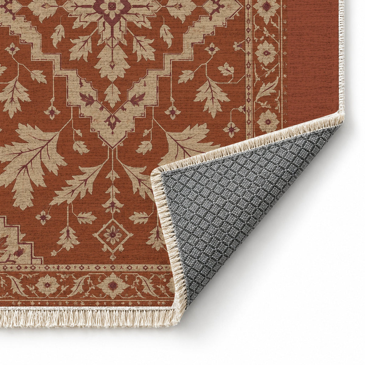 Soft Heriz Rust & Sand washable rug folded corner showing the backing