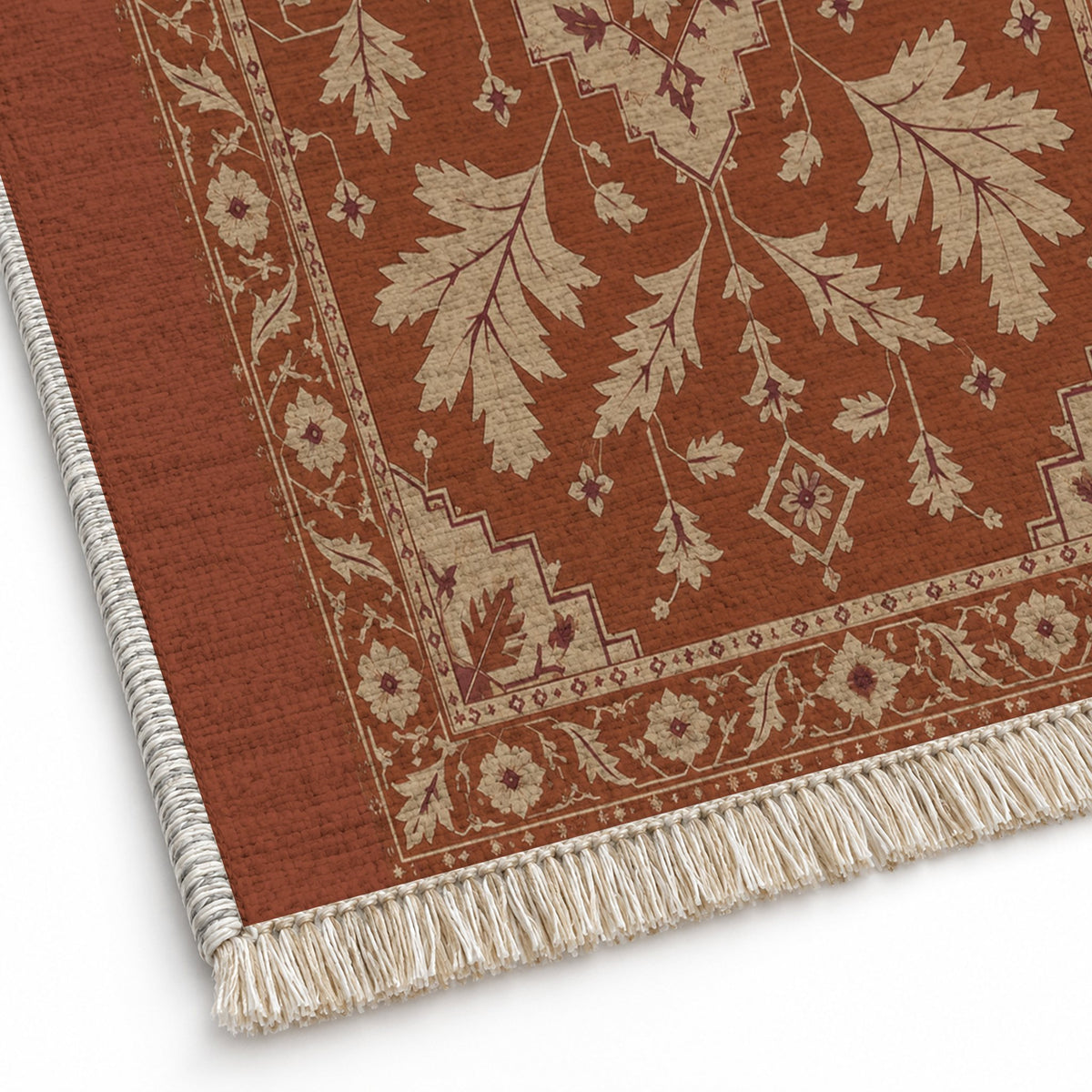 Soft Heriz Rust & Sand washable rug close-up of the printed chenille