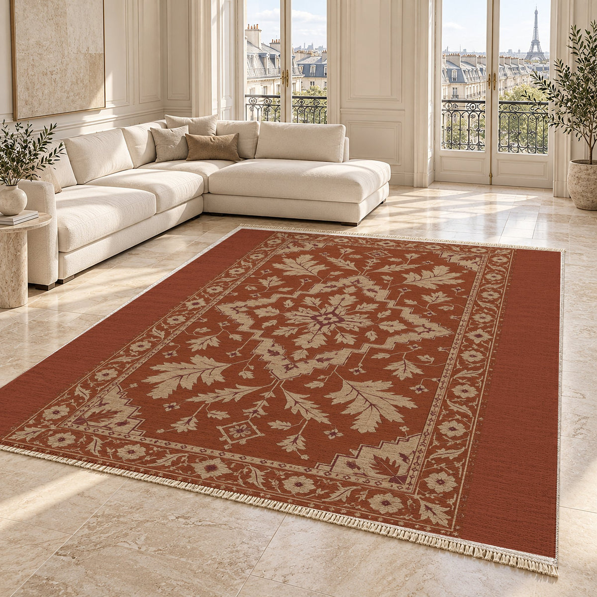Soft Heriz Rust & Sand washable rug angled room view on marble