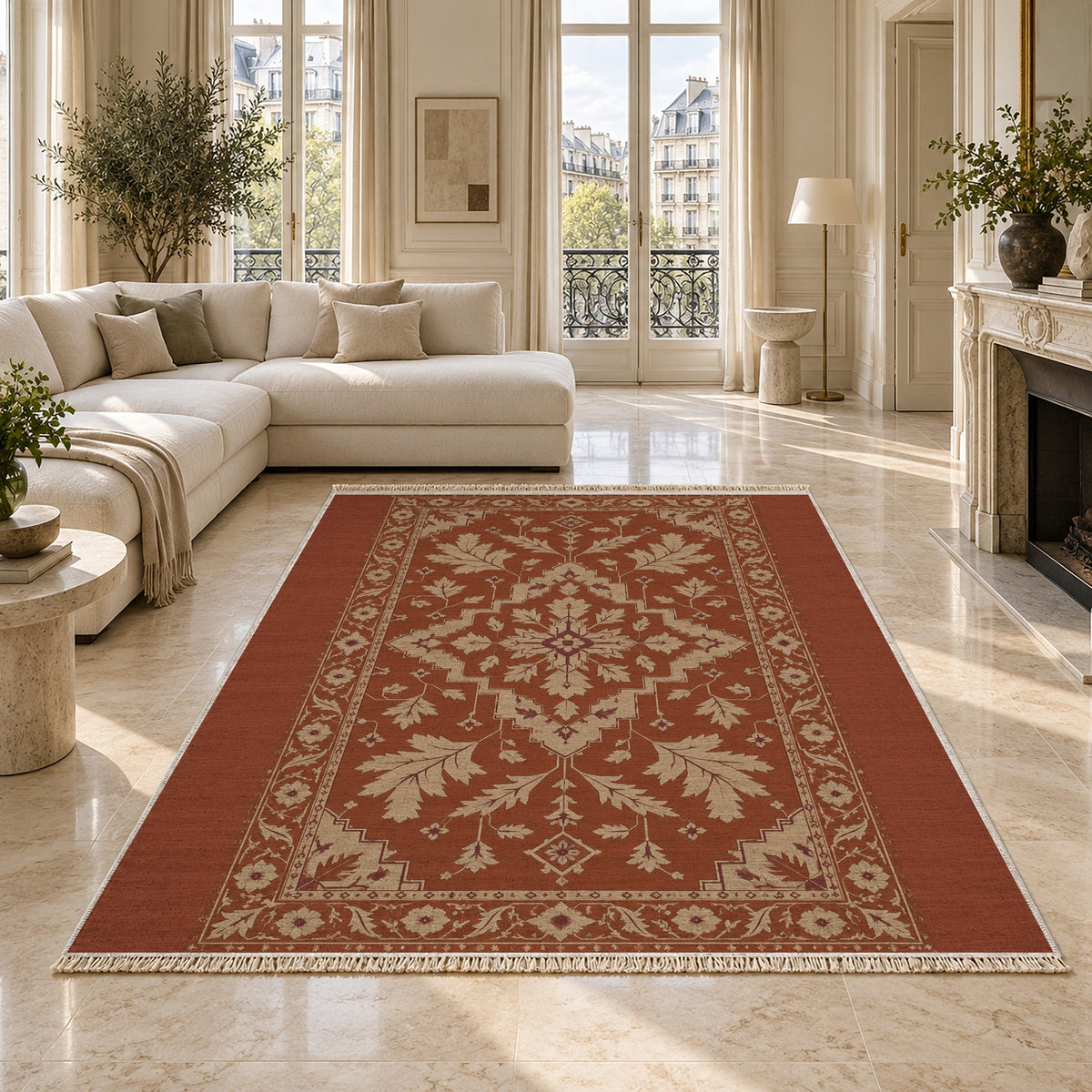 Soft Heriz Rust & Sand washable rug on a marble floor