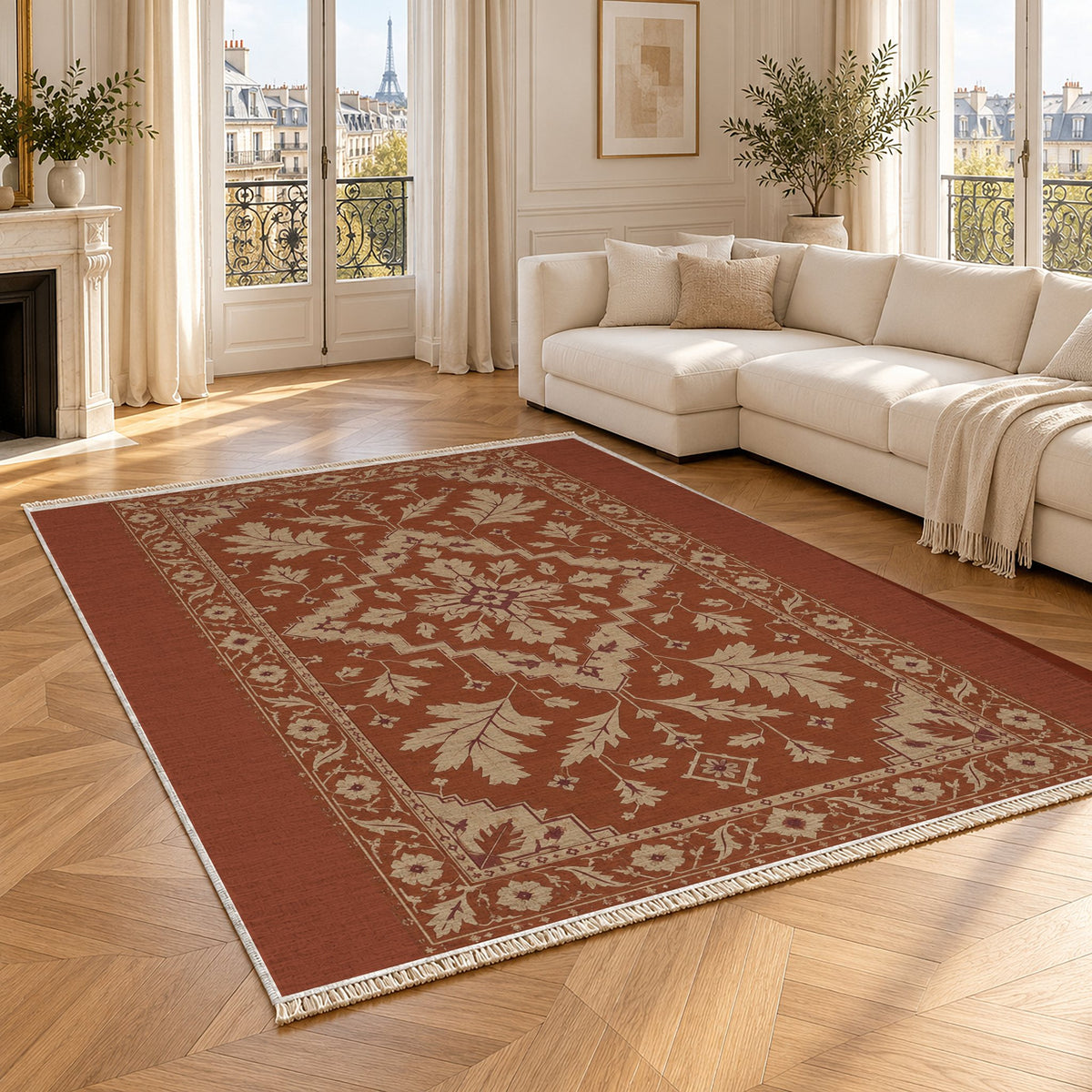 Soft Heriz Rust & Sand washable rug angled room view