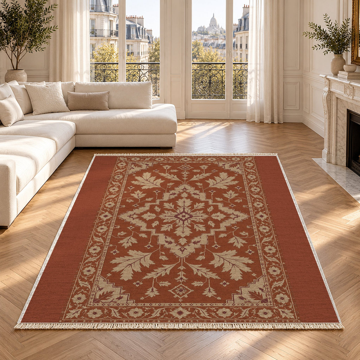 Soft Heriz Rust & Sand washable rug in a Paris living room