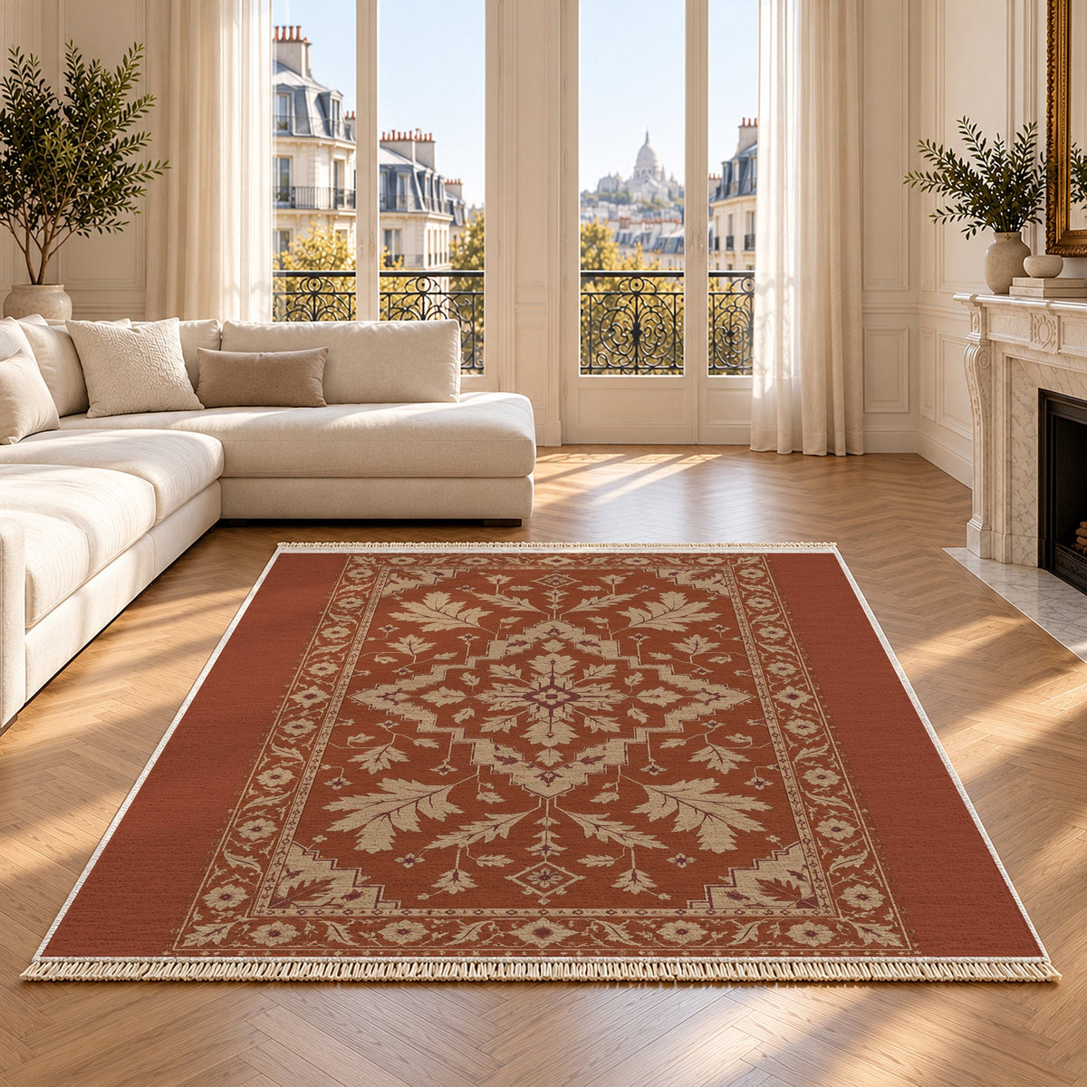 Soft Heriz Rust & Sand washable rug on an oak floor