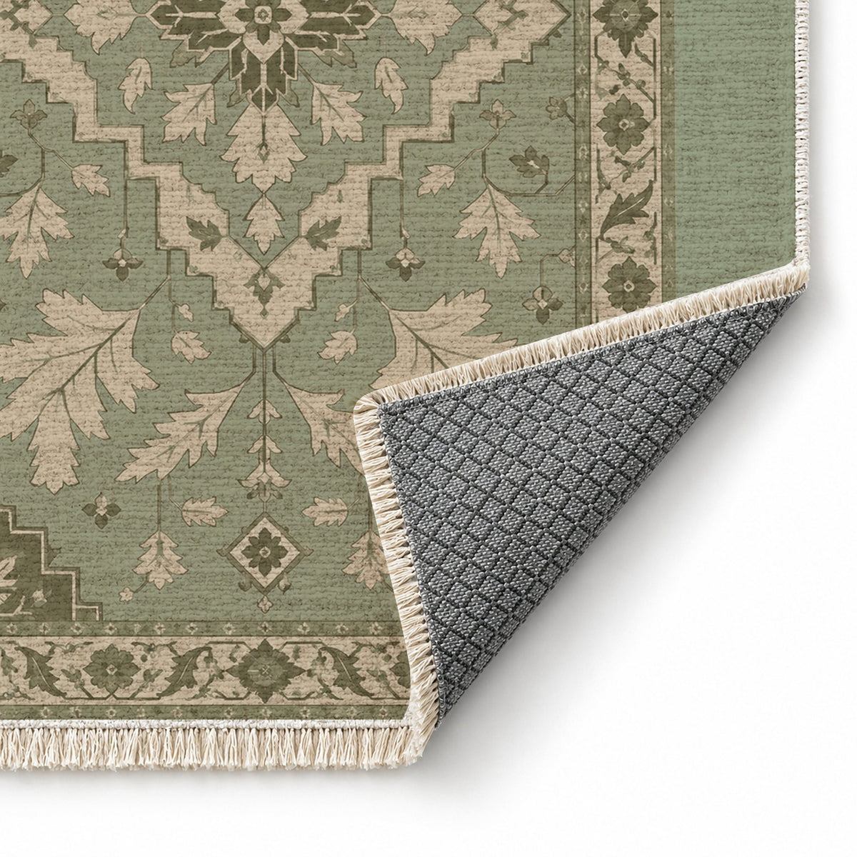 Soft Heriz Sage & Oat washable rug folded corner showing the backing