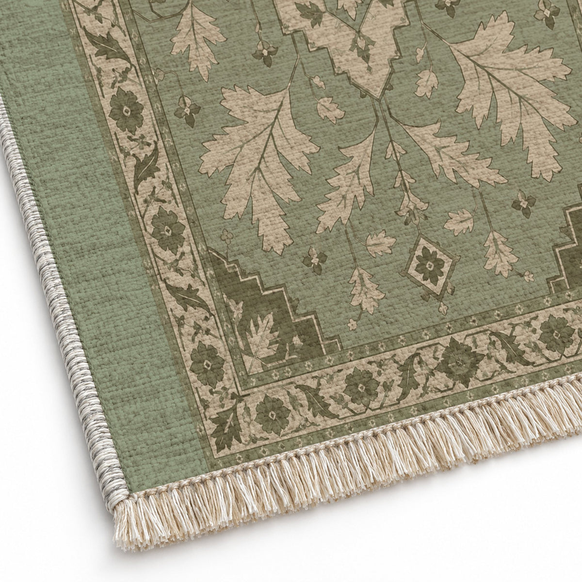 Soft Heriz Sage & Oat washable rug close-up of the printed chenille