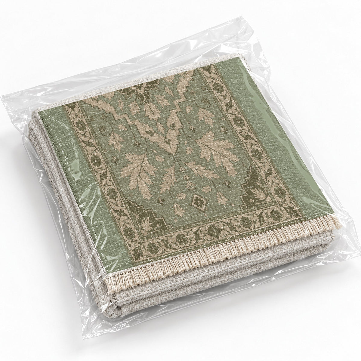 Soft Heriz Sage & Oat washable rug rolled and packaged