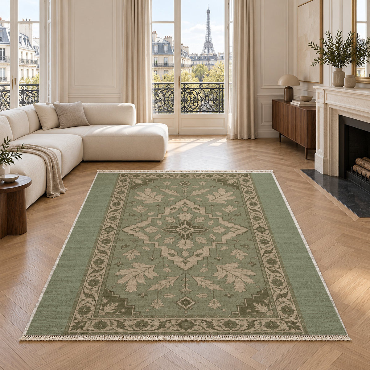 Soft Heriz Sage & Oat washable rug in a living room with an Eiffel Tower view