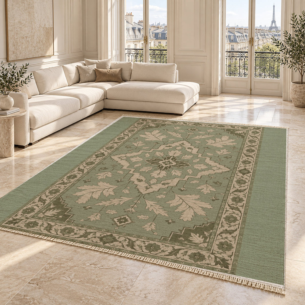 Soft Heriz Sage & Oat washable rug angled room view on marble