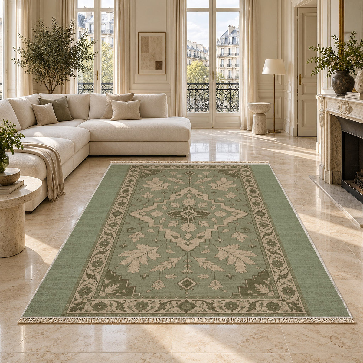 Soft Heriz Sage & Oat washable rug on a marble floor