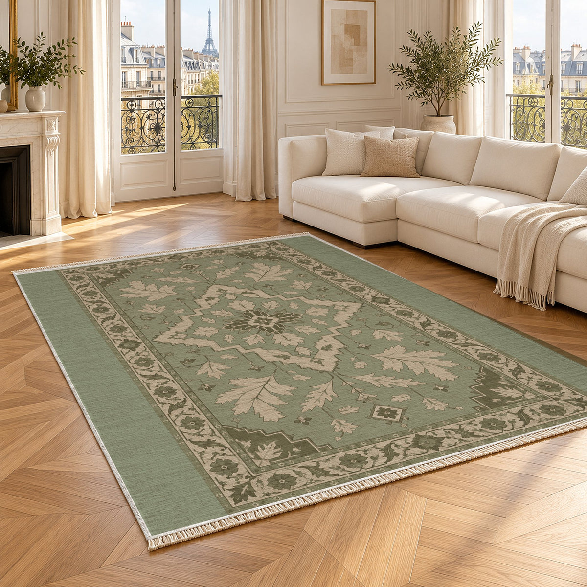 Soft Heriz Sage & Oat washable rug angled room view