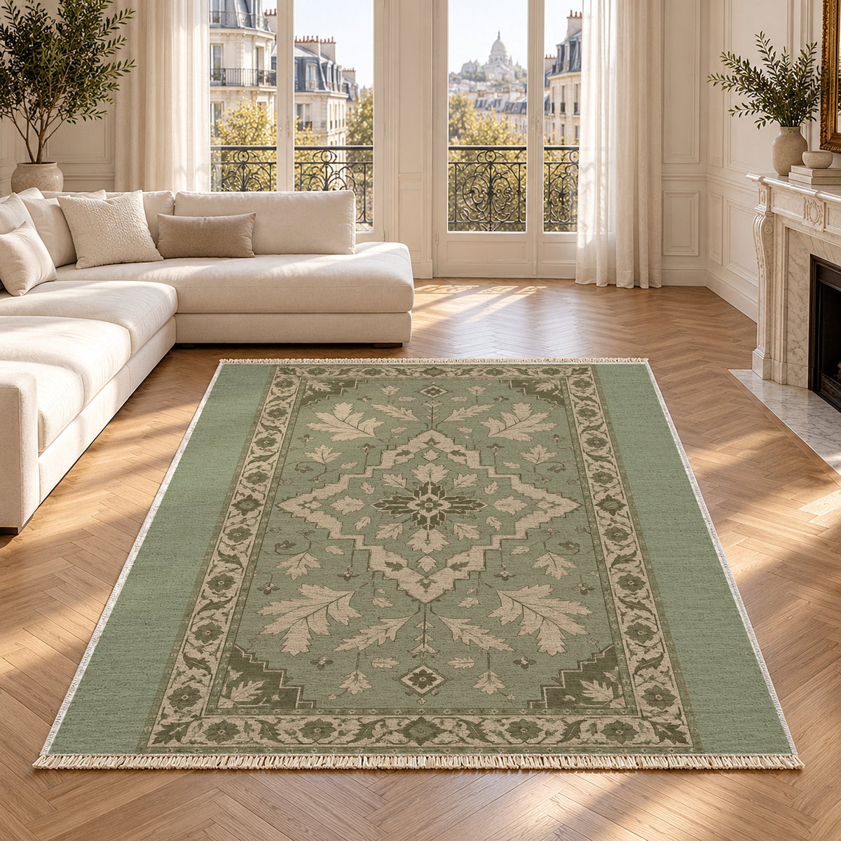 Soft Heriz Sage & Oat washable rug in a Paris living room