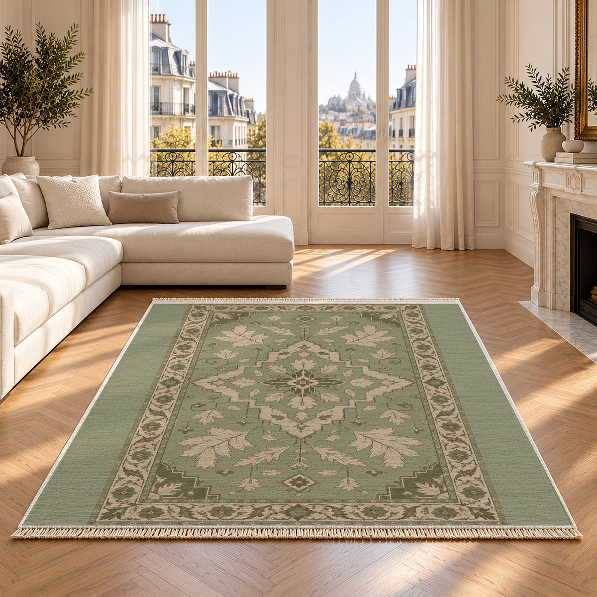 Soft Heriz Sage & Oat washable rug on an oak floor