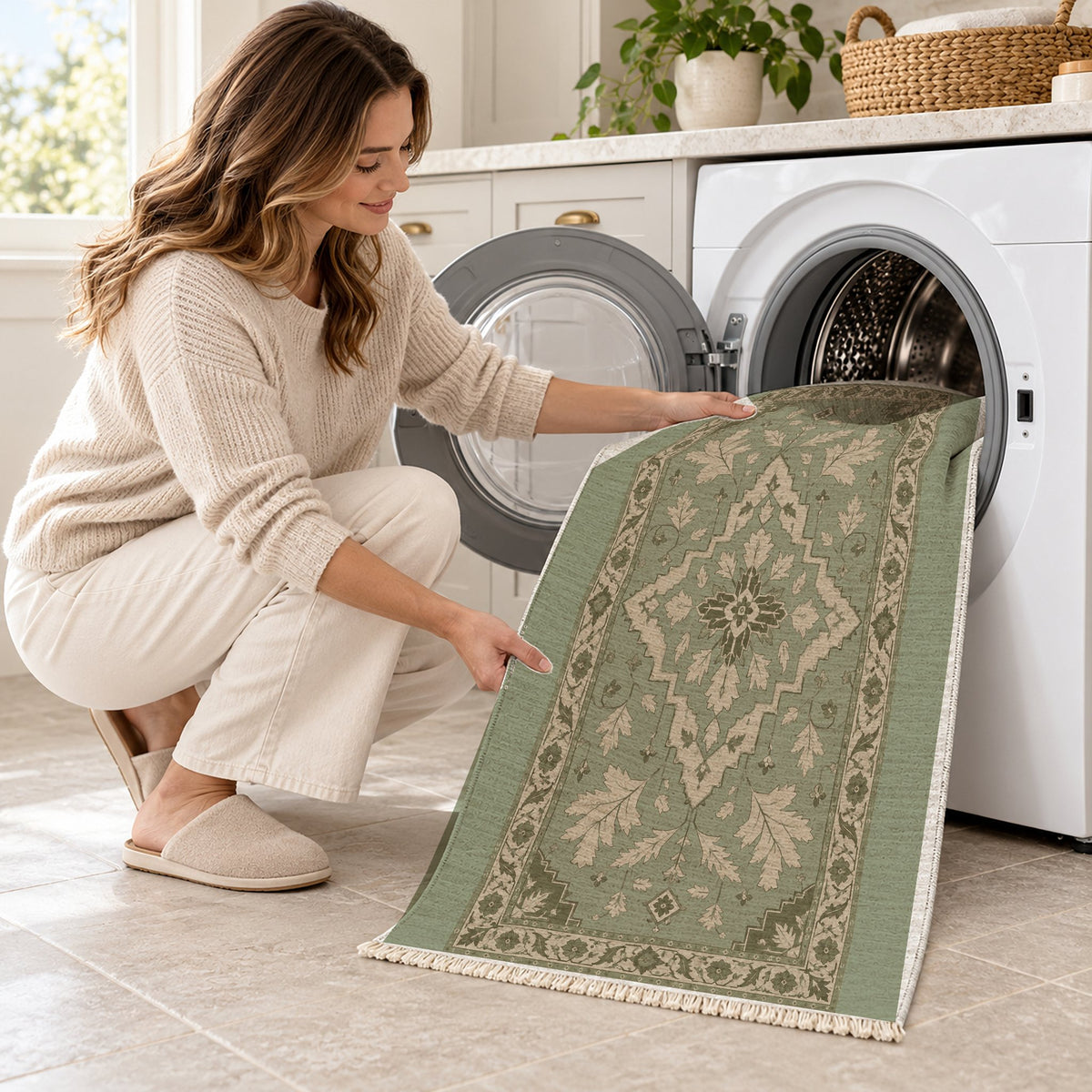Soft Heriz Sage & Oat washable rug being loaded into a washing machine