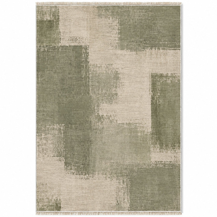 Soft Mosaic Ivory & Sage Abstract Washable Rug