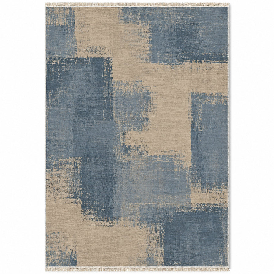 Soft Mosaic Oat & Dusty Blue Abstract Washable Rug
