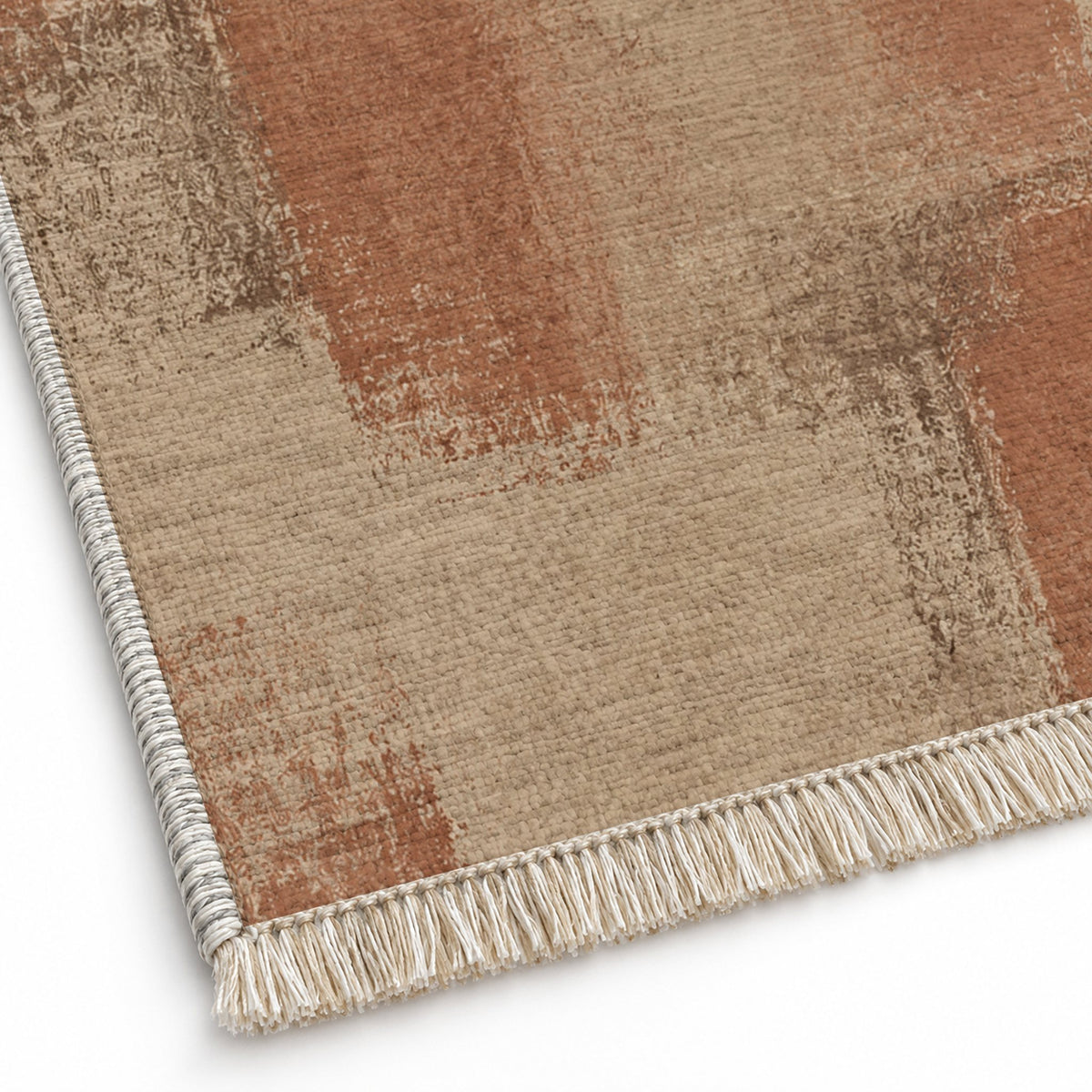 Soft Mosaic Sand & Terracotta washable rug close-up of the printed chenille