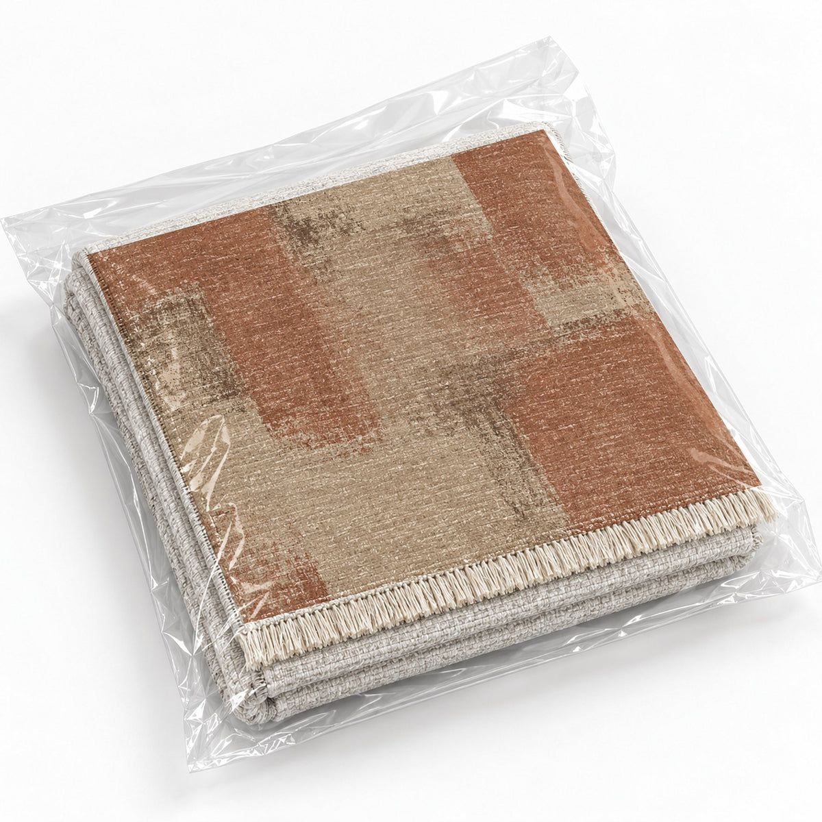 Soft Mosaic Sand & Terracotta washable rug rolled and packaged