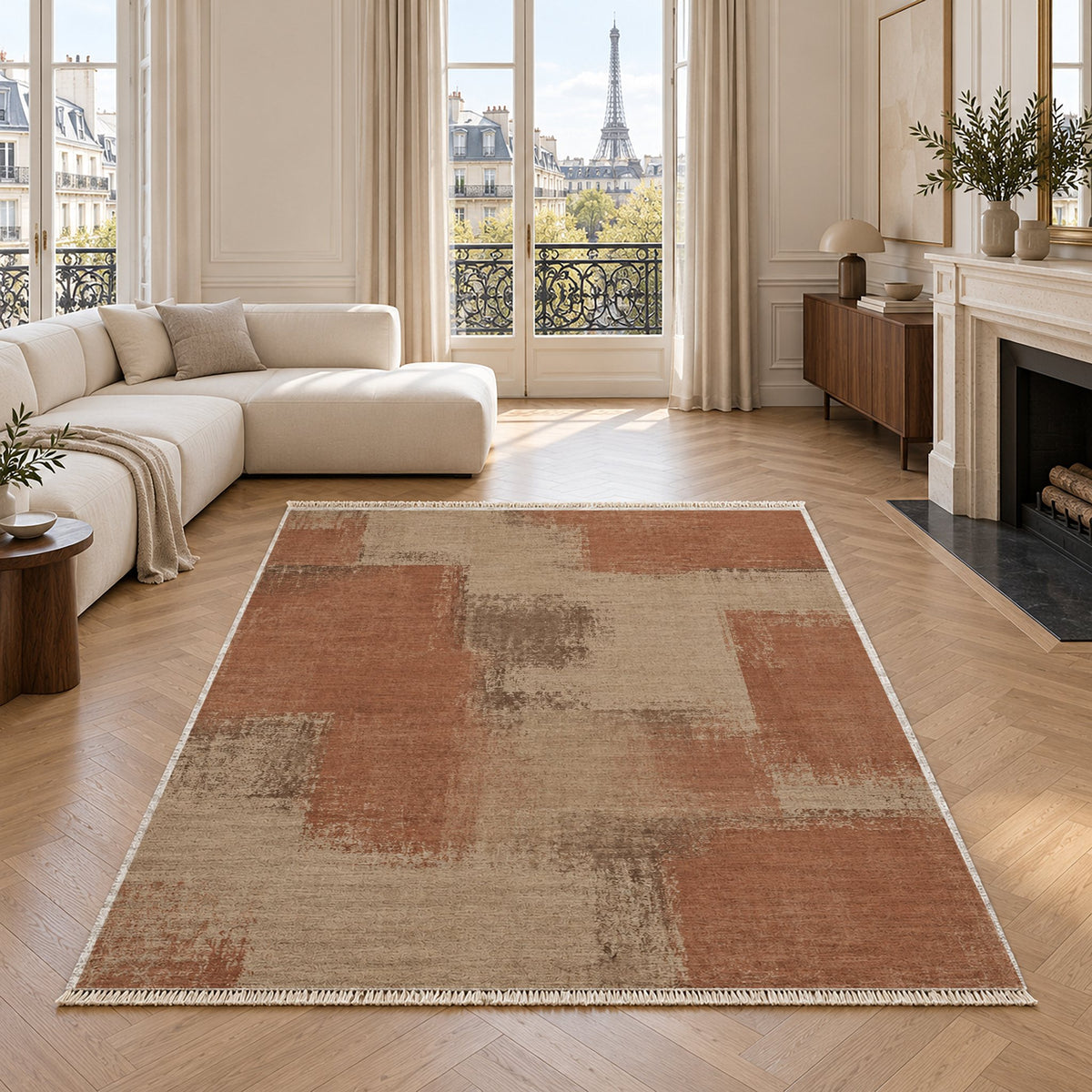 Soft Mosaic Sand & Terracotta washable rug in a living room with an Eiffel Tower view