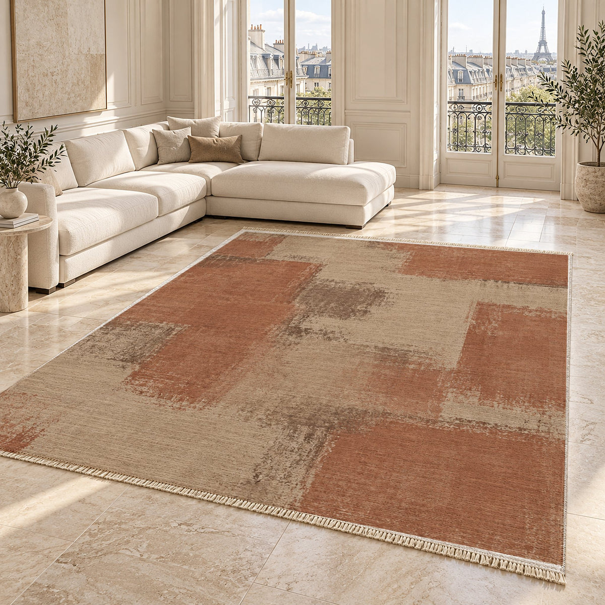 Soft Mosaic Sand & Terracotta washable rug angled room view on marble
