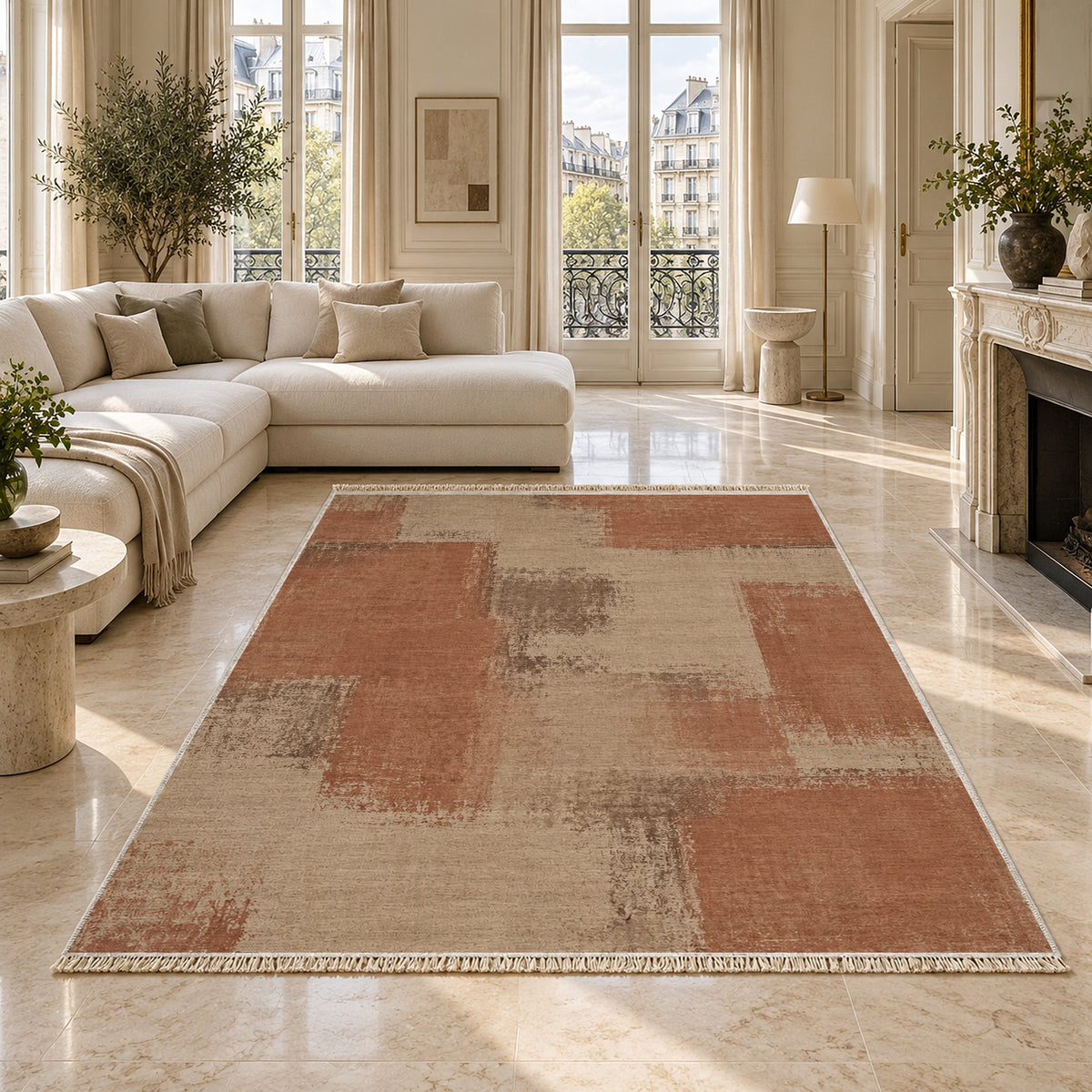 Soft Mosaic Sand & Terracotta washable rug on a marble floor