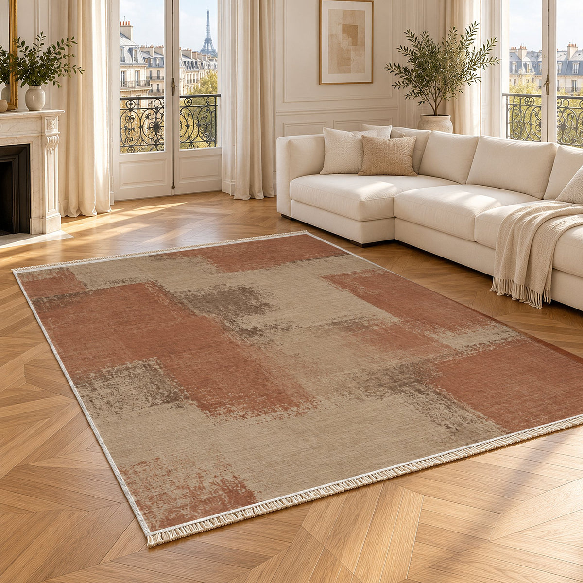 Soft Mosaic Sand & Terracotta washable rug angled room view