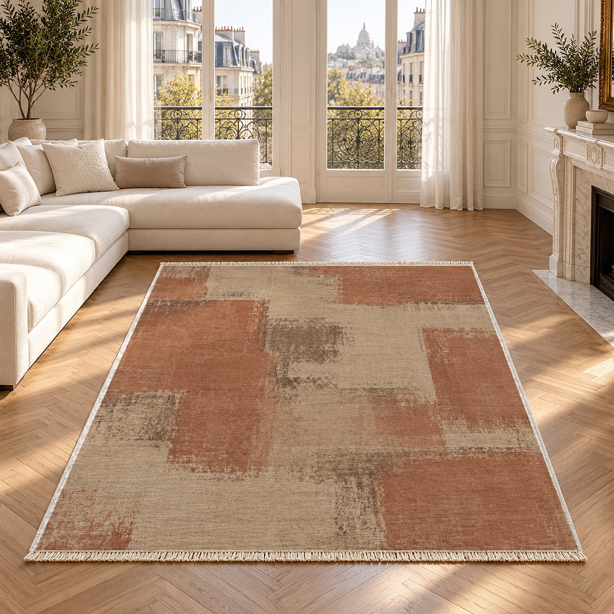 Soft Mosaic Sand & Terracotta washable rug in a Paris living room
