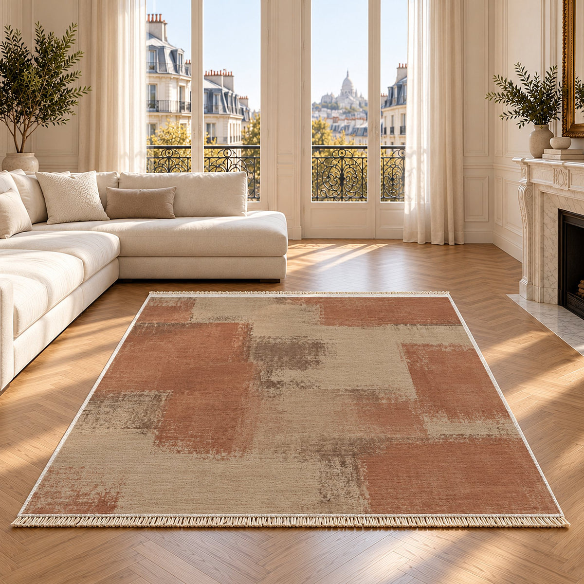 Soft Mosaic Sand & Terracotta washable rug on an oak floor