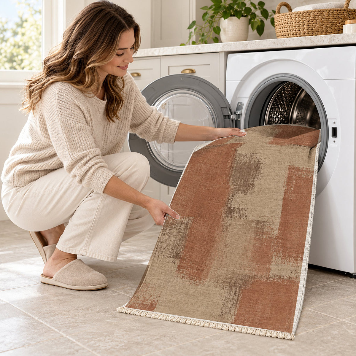 Soft Mosaic Sand & Terracotta washable rug being loaded into a washing machine