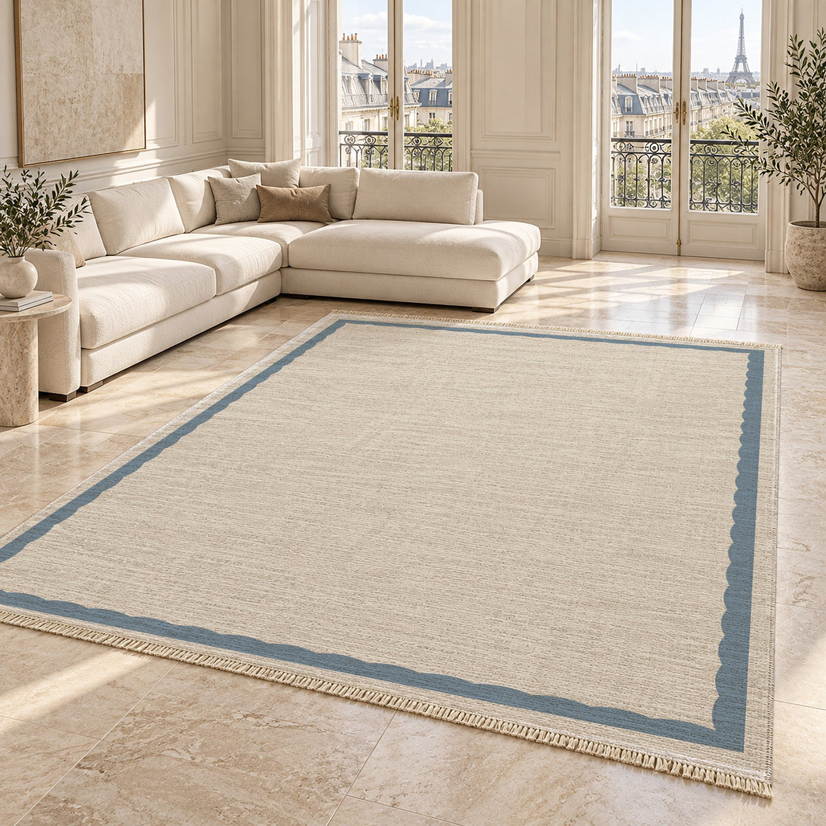 Soft Scallop Ivory & Dusty Blue washable rug angled room view on marble