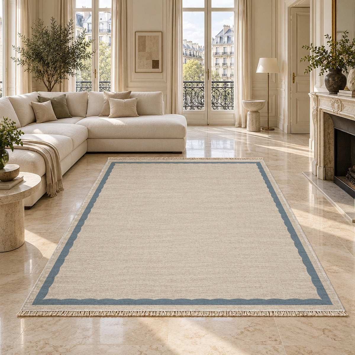 Soft Scallop Ivory & Dusty Blue washable rug on a marble floor