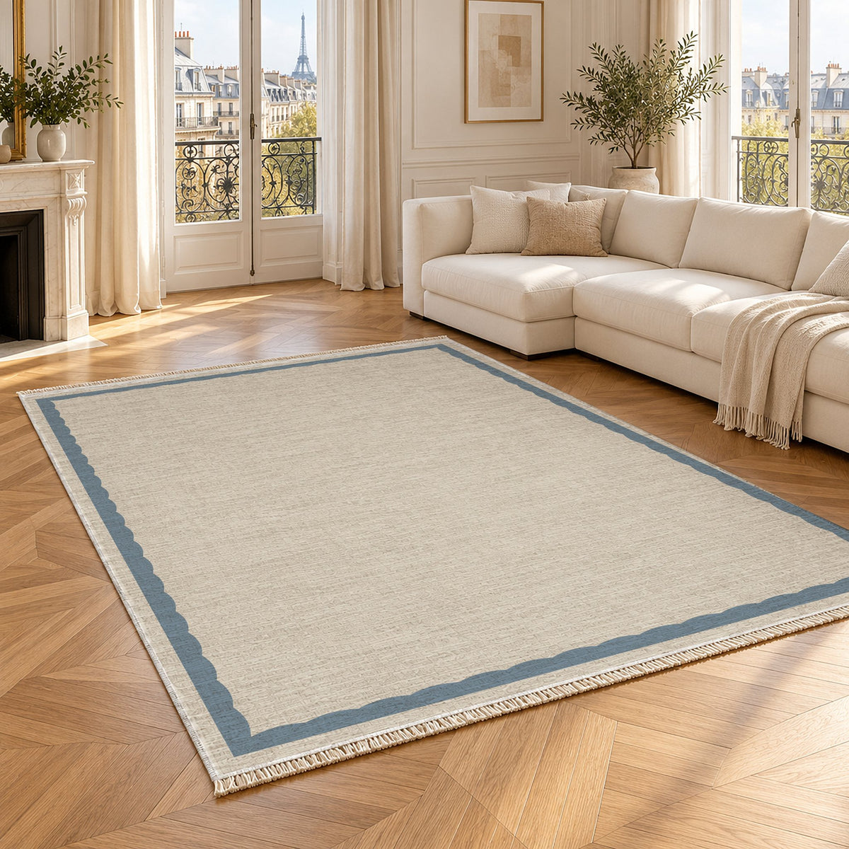 Soft Scallop Ivory & Dusty Blue washable rug angled room view