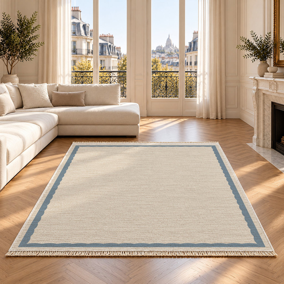 Soft Scallop Ivory & Dusty Blue washable rug on an oak floor