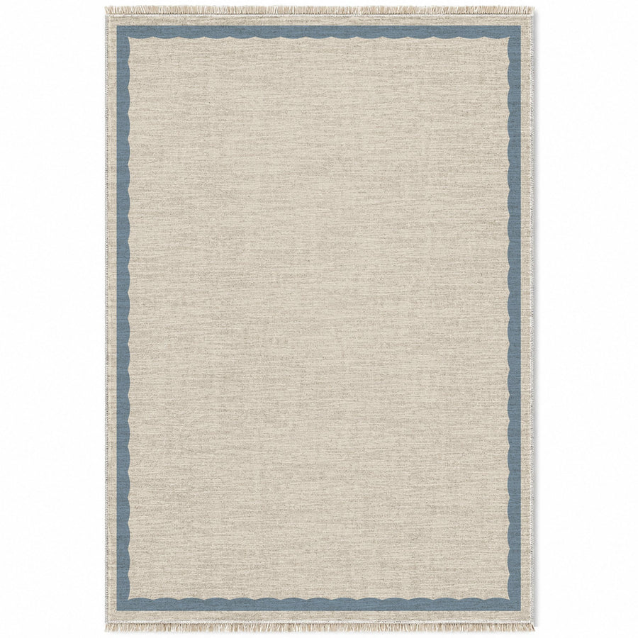 Soft Scallop Ivory & Dusty Blue Bordered Washable Rug