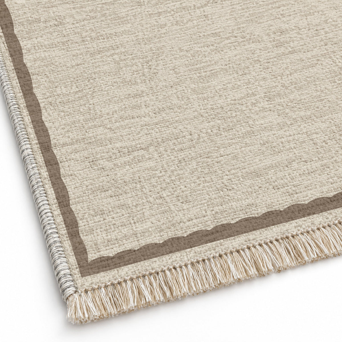 Soft Scallop Ivory & Taupe washable rug close-up of the printed chenille